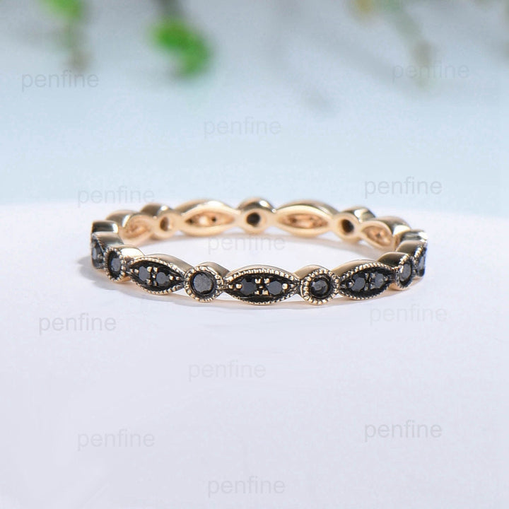 Art Deco Black Diamond Wedding Band Vintage Black Spinel Stacking Ring For Women Rose Gold Eternity fianc?¡ì|e Wedding Ring Anniversary Gift - PENFINE