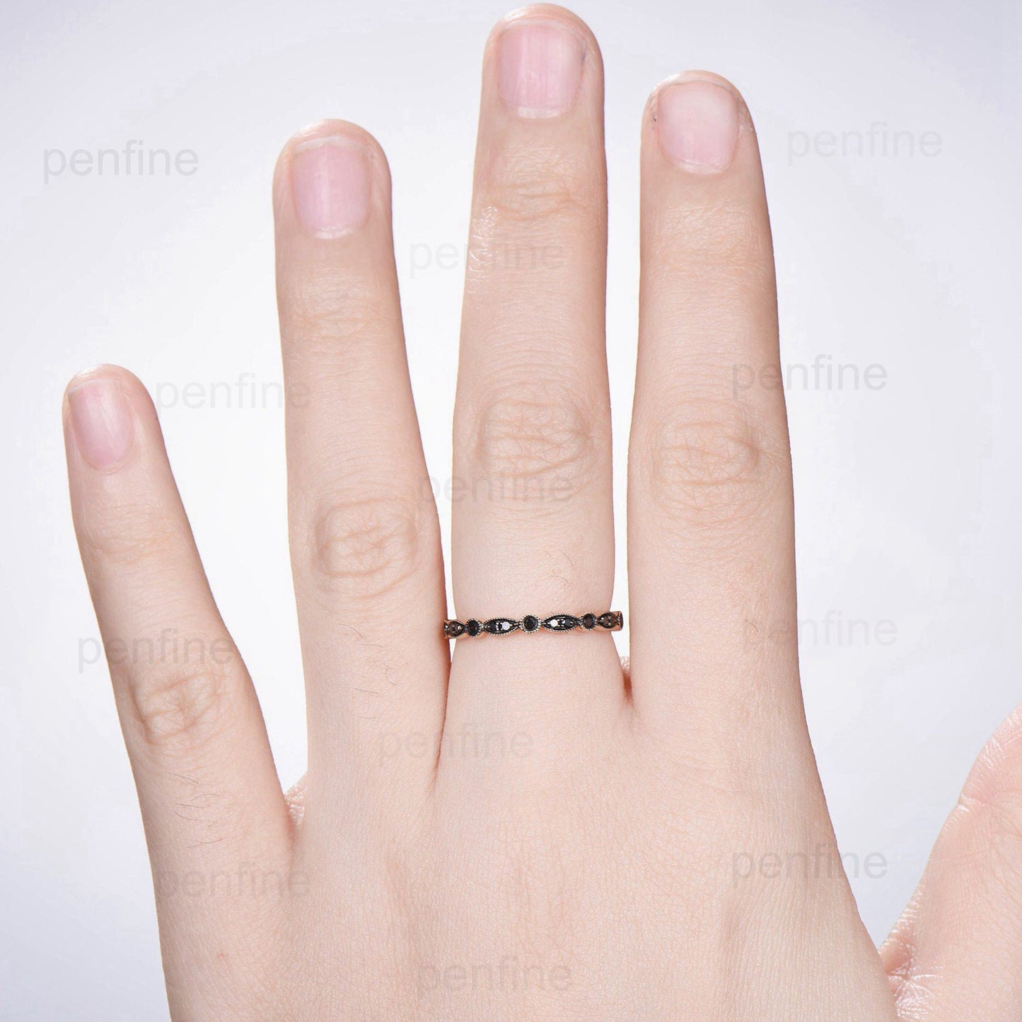 Art Deco Black Diamond Wedding Band Vintage Black Spinel Stacking Ring For Women Rose Gold Eternity fiancée Wedding Ring Anniversary Gift - PENFINE
