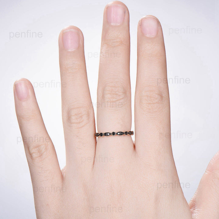 Art Deco Black Diamond Wedding Band Vintage Black Spinel Stacking Ring For Women Rose Gold Eternity fianc?¡ì|e Wedding Ring Anniversary Gift - PENFINE