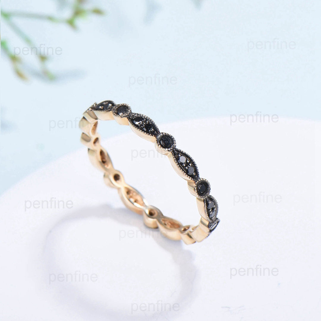 Art Deco Black Diamond Wedding Band Vintage Black Spinel Stacking Ring For Women Rose Gold Eternity fianc¨¦e Wedding Ring Anniversary Gift - PENFINE