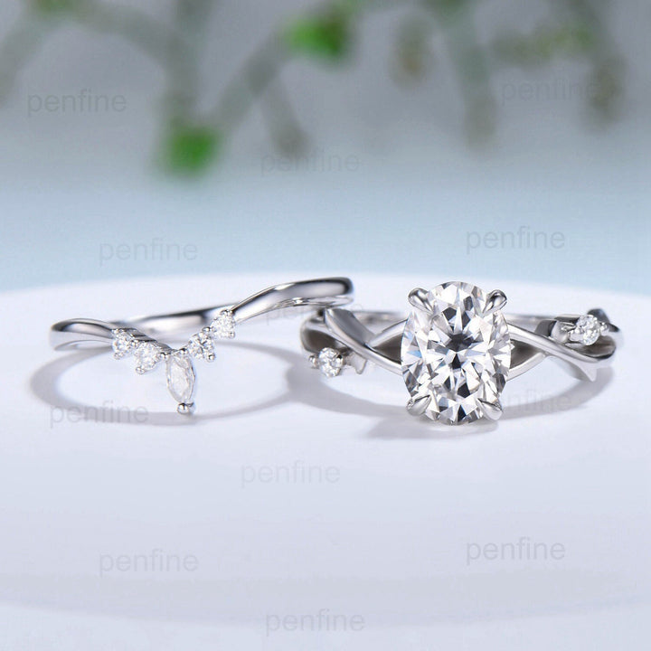 1.5CT Oval Brilliant Moissanite Engagement Ring Set Nature Inspired Branch Twig Moissanite Wedding Set Vintage white gold bridal ring set - PENFINE