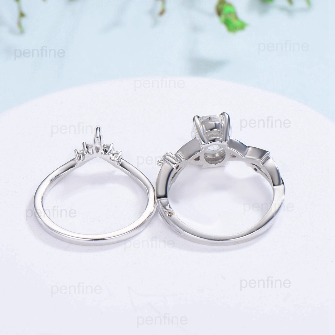 1.5CT Oval Brilliant Moissanite Engagement Ring Set Nature Inspired Branch Twig Moissanite Wedding Set Vintage white gold bridal ring set - PENFINE