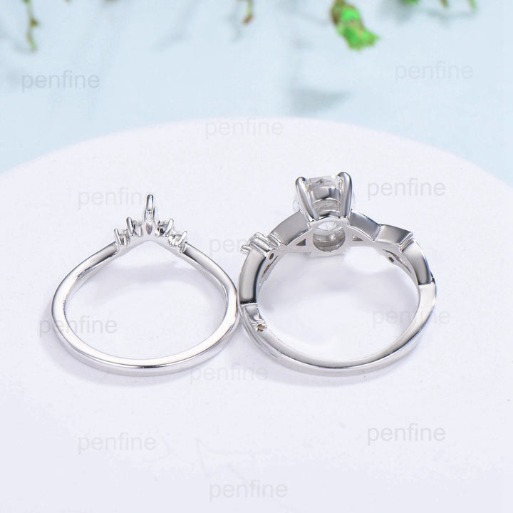 1.5CT Oval Brilliant Moissanite Engagement Ring Set Nature Inspired Branch Twig Moissanite Wedding Set Vintage white gold bridal ring set - PENFINE