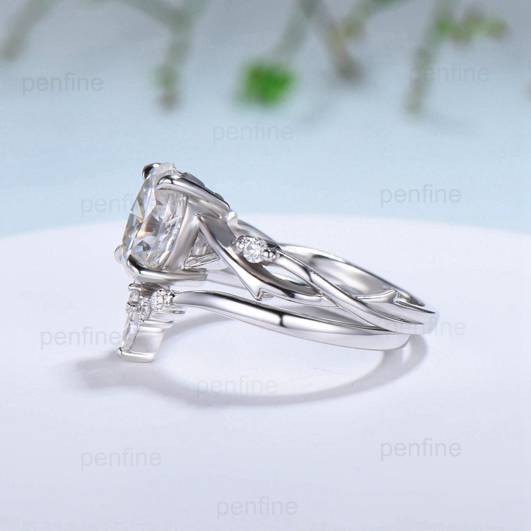 1.5CT Oval Brilliant Moissanite Engagement Ring Set Nature Inspired Branch Twig Moissanite Wedding Set Vintage white gold bridal ring set - PENFINE