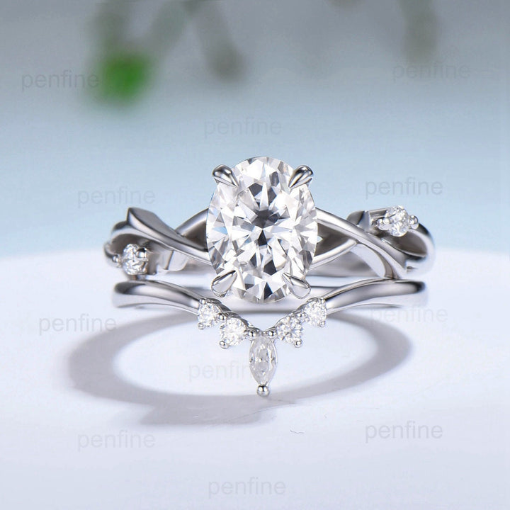 1.5CT Oval Brilliant Moissanite Engagement Ring Set Nature Inspired Branch Twig Moissanite Wedding Set Vintage white gold bridal ring set - PENFINE