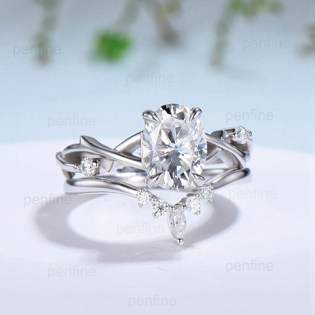 1.5CT Oval Brilliant Moissanite Engagement Ring Set Nature Inspired Branch Twig Moissanite Wedding Set Vintage white gold bridal ring set - PENFINE