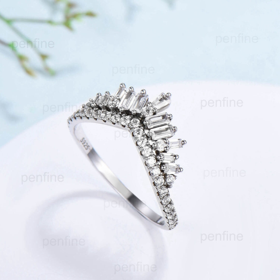 Crown fancy baguette cut moissanite wedding band white gold platinum curved stacking moissanite promise ring anniversary band women gift - PENFINE