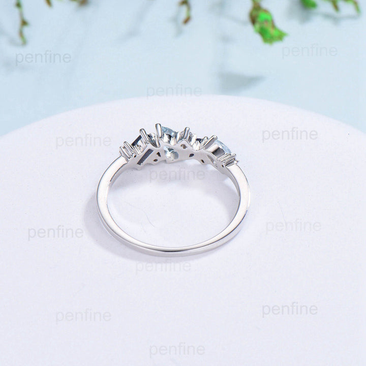 Vintage Baguette Sapphire Wedding Band Pear aquamarine wedding ring for women Unique cluster moissanite Stacking matching Anniversary band - PENFINE