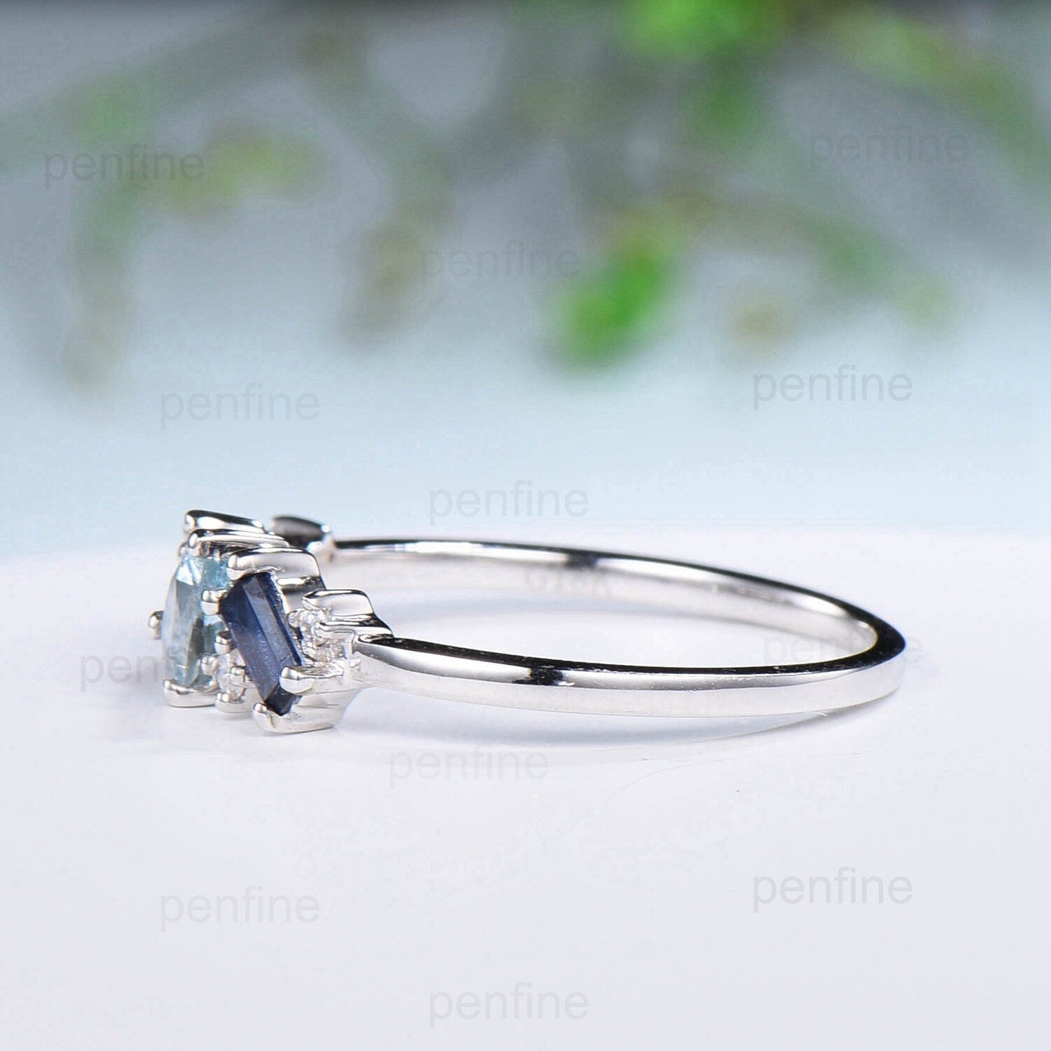 March birthstone ring square cut aquamarine anniversary store ring with baguette side stone