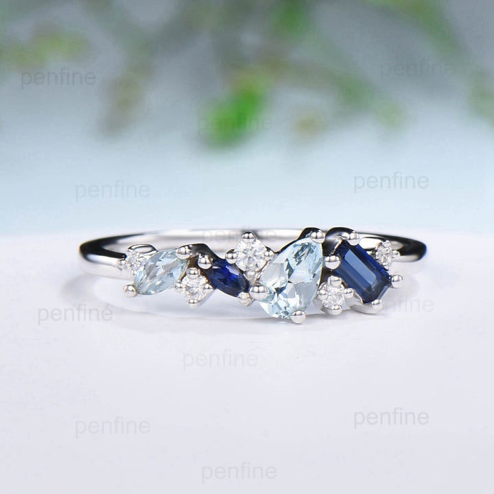 Vintage Baguette Sapphire Wedding Band Pear aquamarine wedding ring for women Unique cluster moissanite Stacking matching Anniversary band - PENFINE
