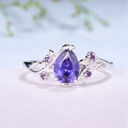 Elegant Pear Shaped Purple Sapphire Ring Vintage Unique Twig Engagement Ring Leaf Amethyst Wedding Natural inspired Branch Proposal Gift - PENFINE
