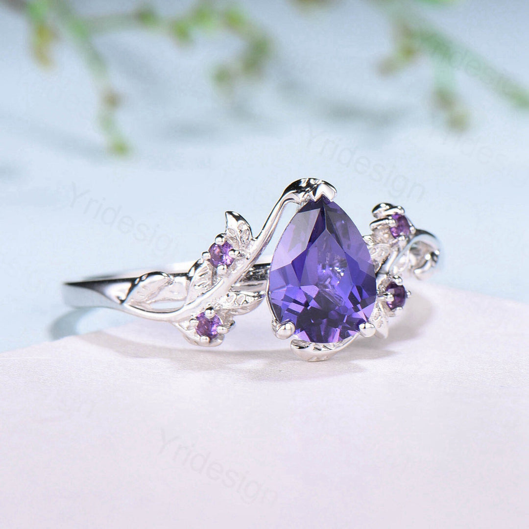 Elegant Pear Shaped Purple Sapphire Ring Vintage Unique Twig Engagement Ring Leaf Amethyst Wedding Natural inspired Branch Proposal Gift - PENFINE