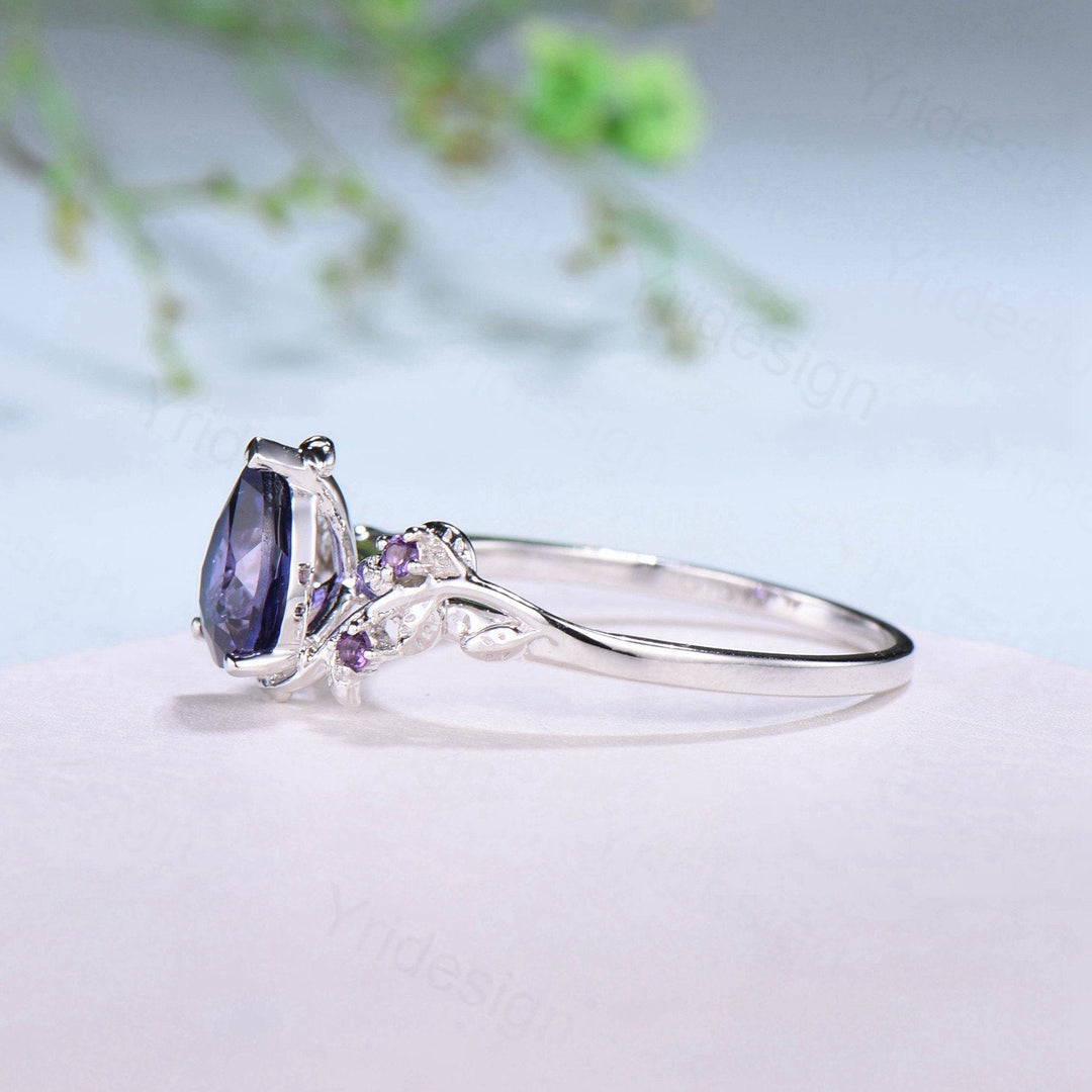 Elegant Pear Shaped Purple Sapphire Ring Vintage Unique Twig Engagement Ring Leaf Amethyst Wedding Natural inspired Branch Proposal Gift - PENFINE