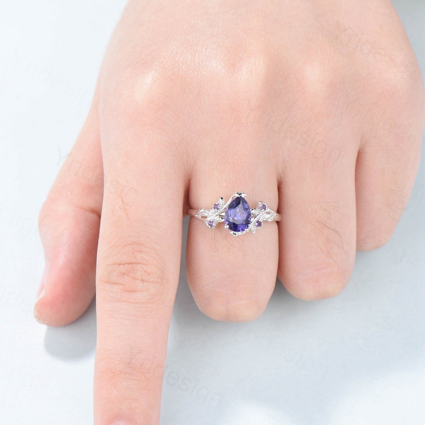 Elegant Pear Shaped Purple Sapphire Ring Vintage Unique Twig Engagement Ring Leaf Amethyst Wedding Natural inspired Branch Proposal Gift - PENFINE