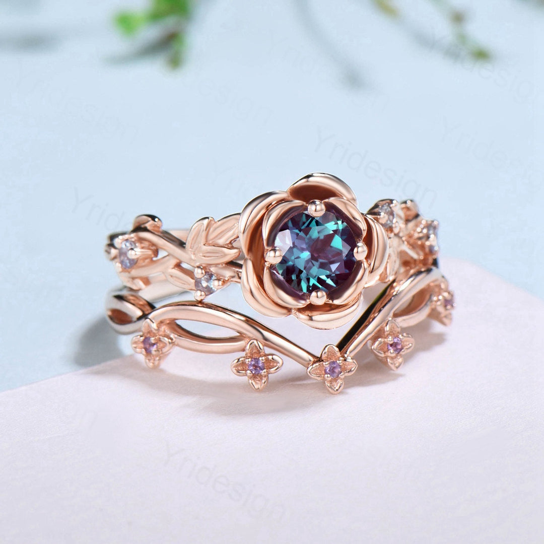 Nature Inspired flower alexandrite engagement ring set twig leaves amethyst wedding ring set Vintage floral amethsytl stacking bridal set - PENFINE