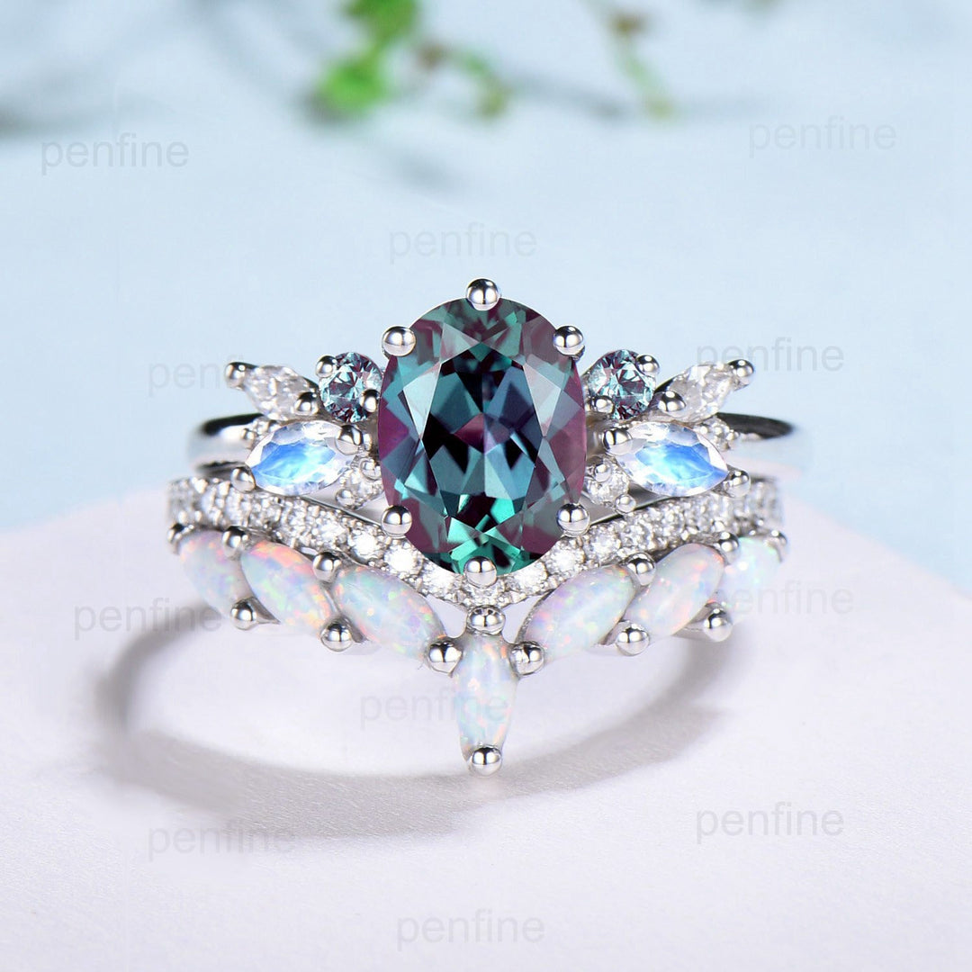 Unique Alexandrite Engagement Ring Set Cluster Marquise Moonstone Wedding Ring Vintage Curved Moissanite White Opal Bridal Ring Set For Her - PENFINE