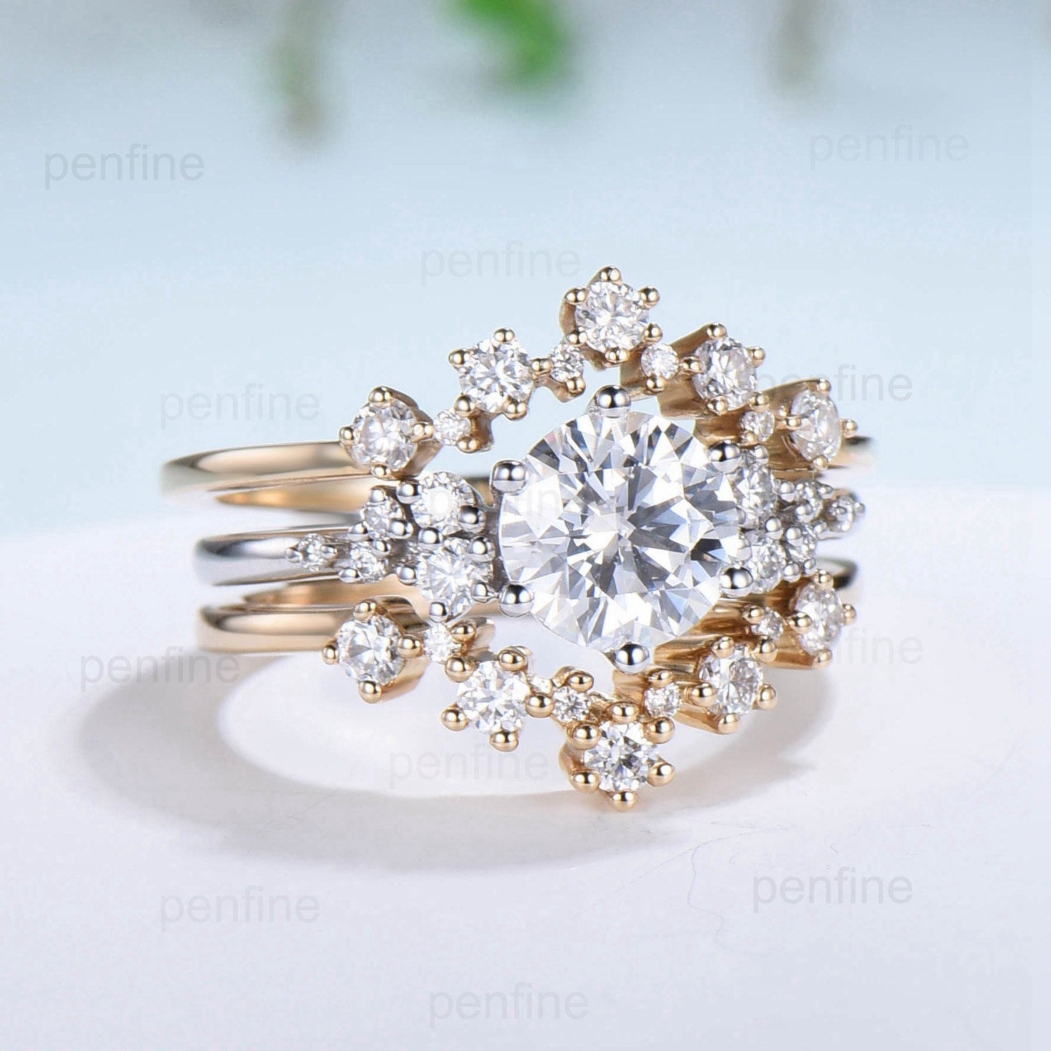 7mm Round brilliant moissanite engagement ring set snowdrift lab grown diamonds wedding ring set 3pcs unique moissanite bridal ring set - PENFINE