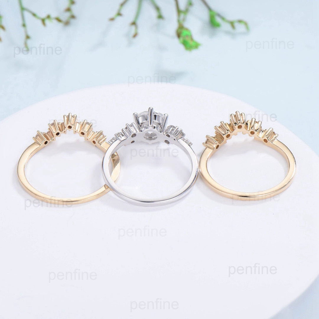 7mm Round brilliant moissanite engagement ring set snowdrift lab grown diamonds wedding ring set 3pcs unique moissanite bridal ring set - PENFINE