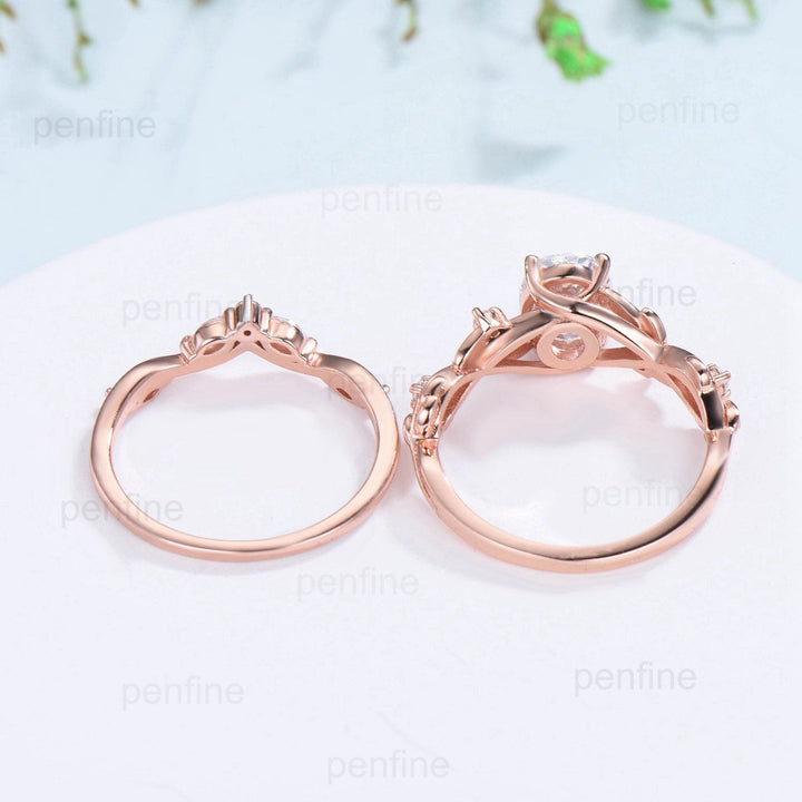 Nature inspired aquamarine engagement ring set Twig leaf vine march birthstone wedding set rose gold opal stacking bridal ring set women - PENFINE