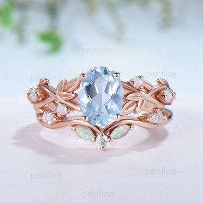 Nature inspired aquamarine engagement ring set Twig leaf vine march birthstone wedding set rose gold opal stacking bridal ring set women - PENFINE