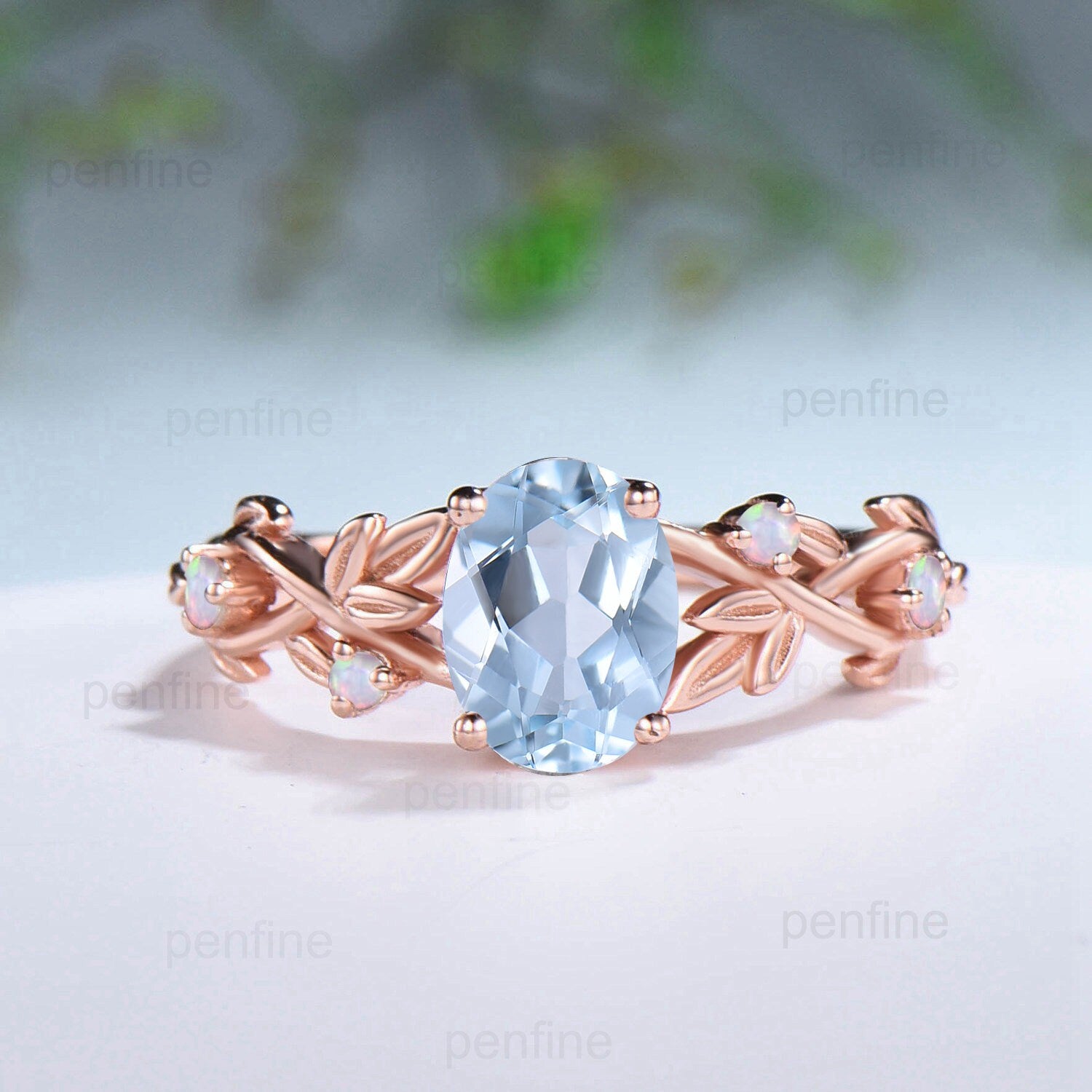 Nature inspired aquamarine engagement ring set Twig leaf vine march birthstone wedding set rose gold opal stacking bridal ring set women - PENFINE