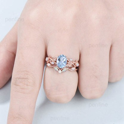 Nature inspired aquamarine engagement ring set Twig leaf vine march birthstone wedding set rose gold opal stacking bridal ring set women - PENFINE