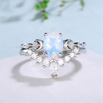 Vintage 1.5CT Oval Moonstone Engagement Ring Set Marquise Moonstone Opal Moon Wedding Ring Set Art Deco Stacking Anniversary Ring For Women - PENFINE