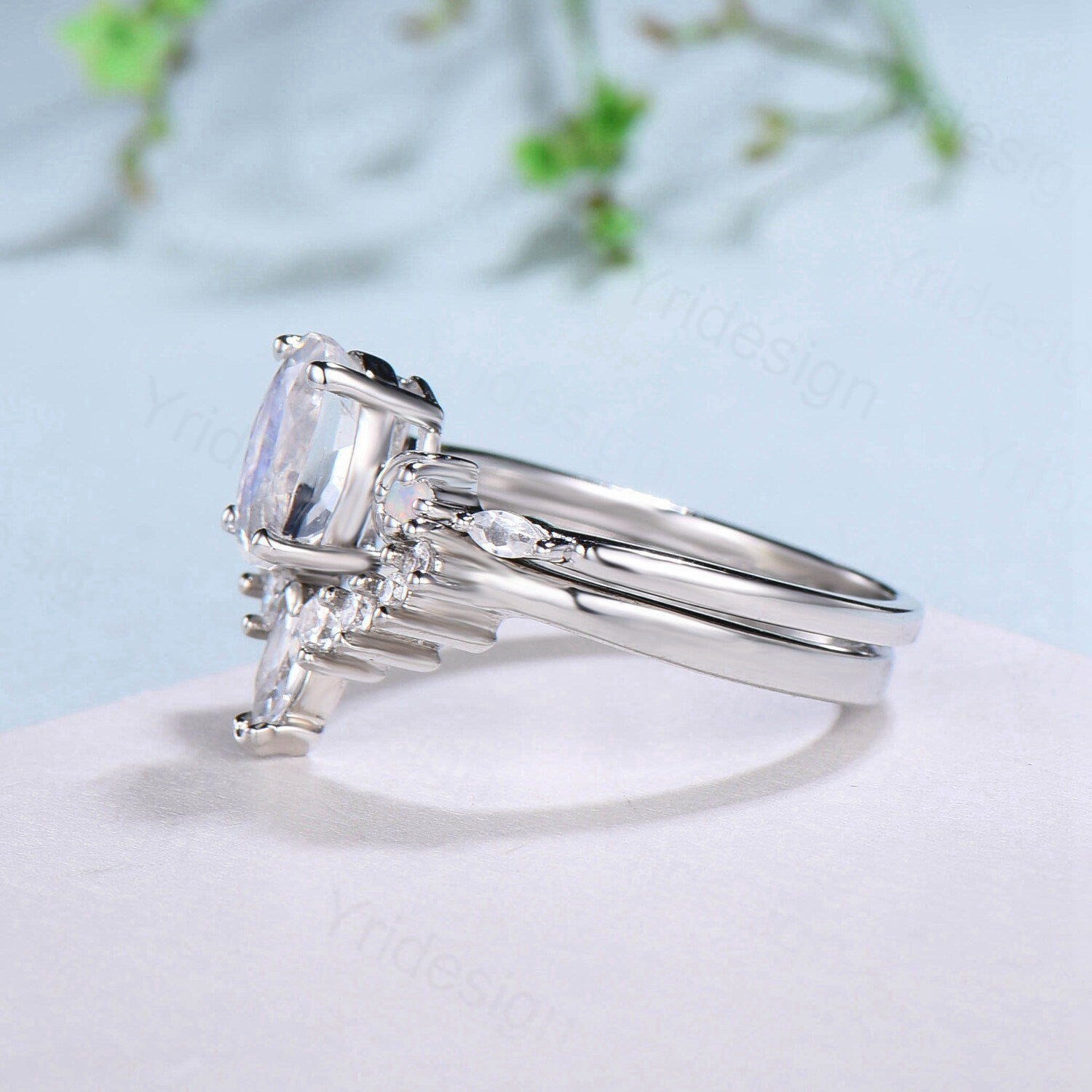 Vintage Art Deco store Moonstone Engagement Ring Set Emerald Cut Moonstone Cluster Wedding Ring Set Natural Opal Ring Set Anniversary Gift For Her