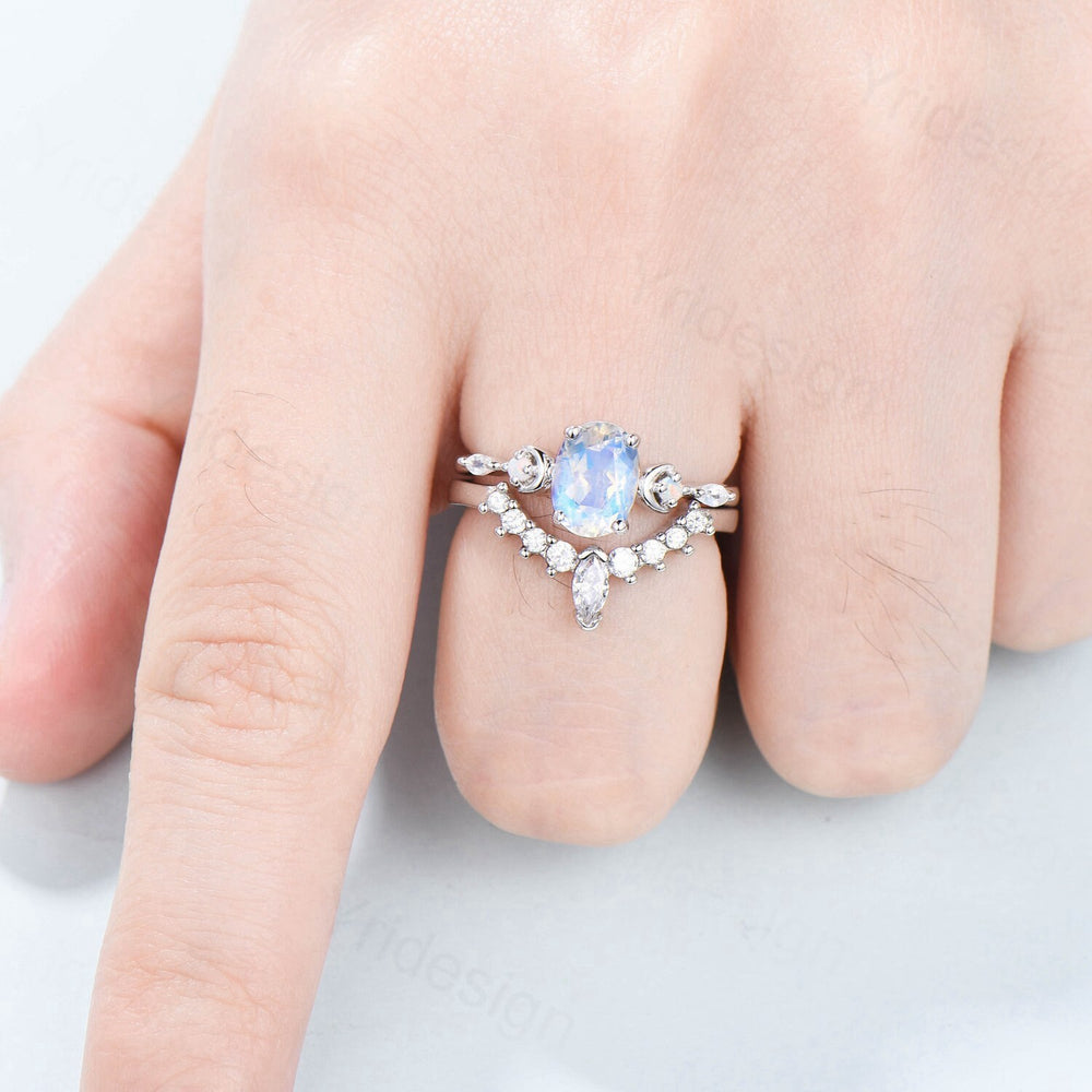 Vintage 1.5CT Oval Moonstone Engagement Ring Set Marquise Moonstone Opal Moon Wedding Ring Set Art Deco Stacking Anniversary Ring For Women - PENFINE