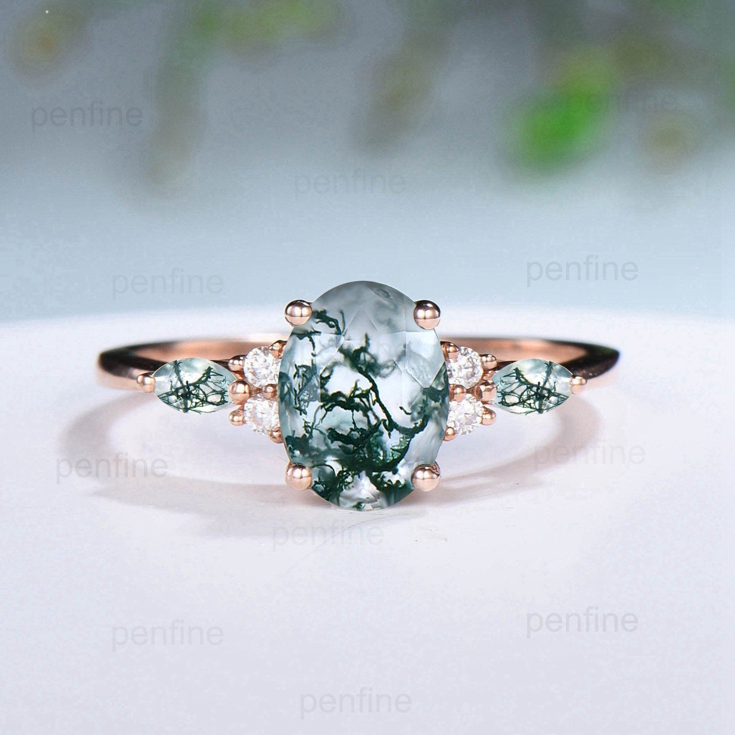 1.5Ct Natural Oval Moss Agate Engagement Ring Set Vintage Marquise Agate Wedding Ring Double Curved Moissanite Stacking Bridal Set for Women - PENFINE