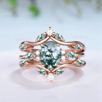 1.5Ct Natural Oval Moss Agate Engagement Ring Set Vintage Marquise Agate Wedding Ring Double Curved Moissanite Stacking Bridal Set for Women - PENFINE