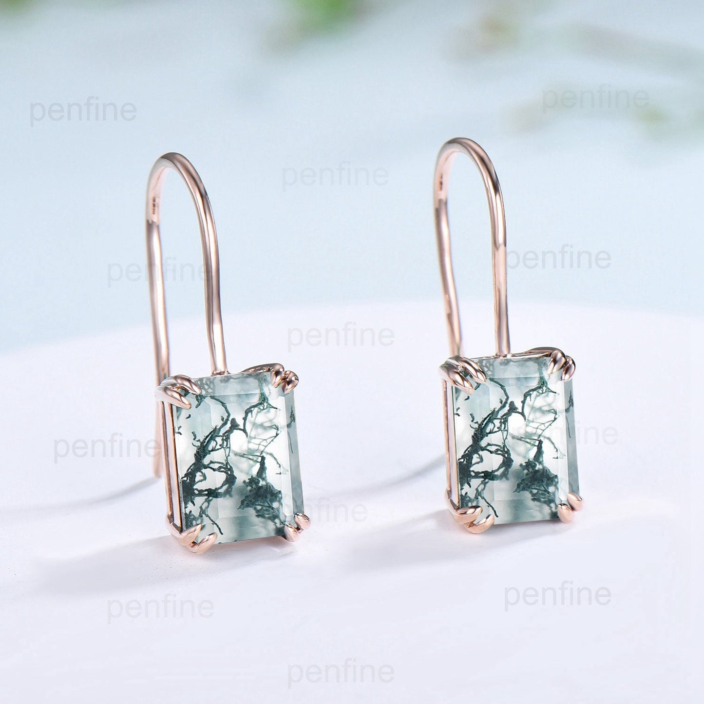 Vintage Moss agate earrings emerald cut Stud Earrings aquatic agate Earrings for Women Solid 14k 18k rose gold green crystal earrings - PENFINE