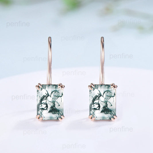 Vintage Moss agate earrings emerald cut Stud Earrings aquatic agate Earrings for Women Solid 14k 18k rose gold green crystal earrings - PENFINE