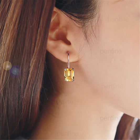 Vintage Citrine earrings emerald cut Stud Earrings November birthstone Earrings for Women Solid 14k 18k rose gold green crystal earrings - PENFINE