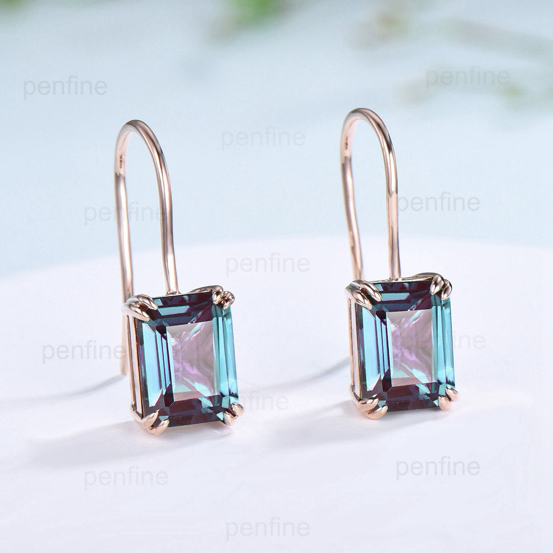 Vintage Alexandrite earrings emerald cut Stud Earrings June birthstone Earrings Women Solid 14k 18k rose  gold color change crystal earrings - PENFINE