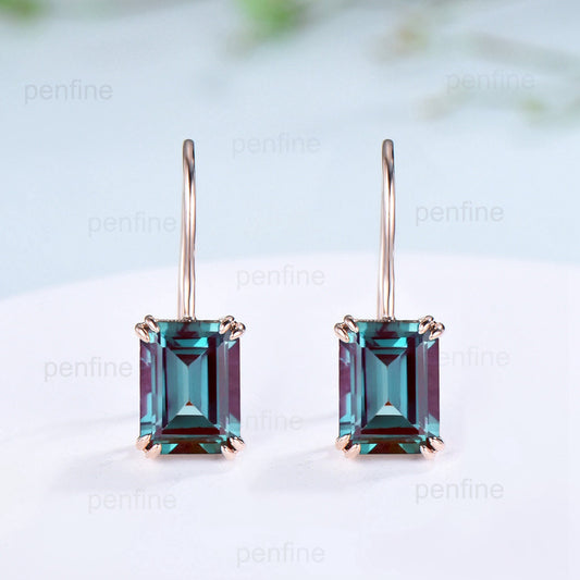 Vintage Alexandrite earrings emerald cut Stud Earrings June birthstone Earrings Women Solid 14k 18k rose gold color change crystal earrings - PENFINE