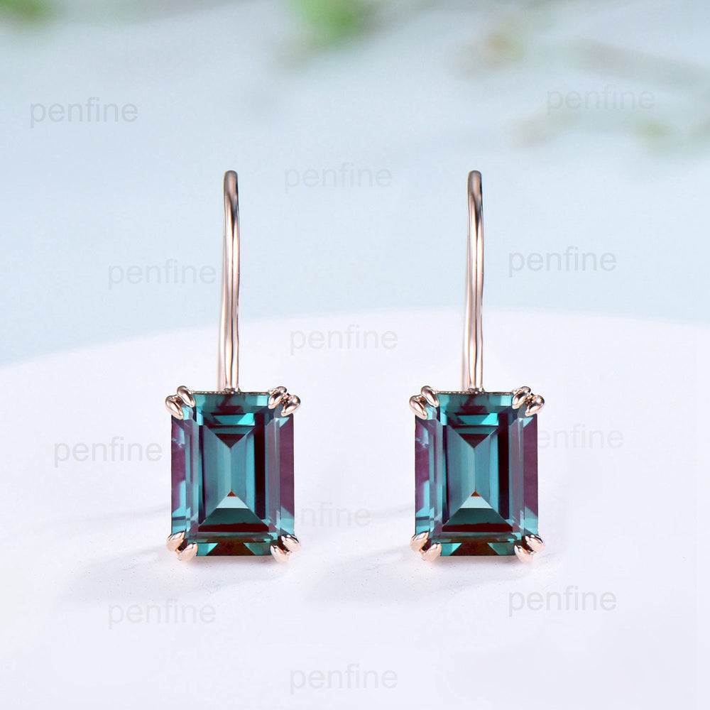 Vintage Alexandrite earrings emerald cut Stud Earrings June birthstone Earrings Women Solid 14k 18k rose  gold color change crystal earrings - PENFINE