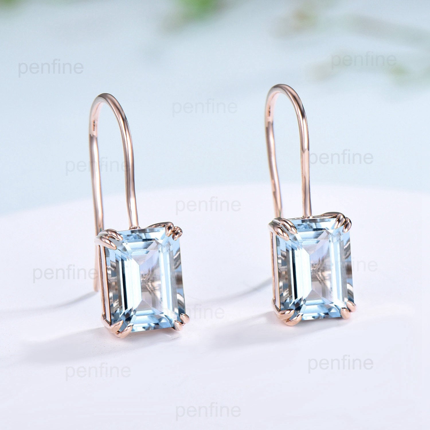 Vintage Aquamarine earrings emerald cut Stud Earrings March birthstone Earrings Solid 14k 18k rose  gold aquamarine earrings for Women - PENFINE