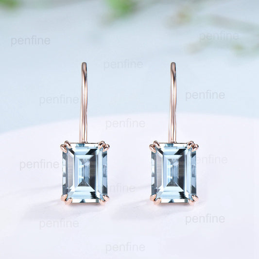 Vintage Aquamarine earrings emerald cut Stud Earrings March birthstone Earrings Solid 14k 18k rose gold aquamarine earrings for Women - PENFINE