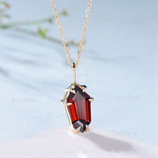 Shield cut garnet necklace solid 14k 18k rose gold vintage unique Personalized minimalist January birthstone pendant anniversary gift women - PENFINE