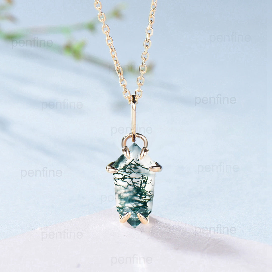 Dainty Shield cut moss agate necklace solid 14k 18k rose gold vintage Personalized minimalist green agate pendant anniversary gift for women - PENFINE