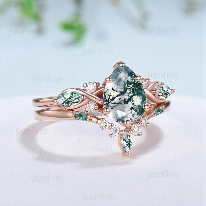 Vintage Pear Shaped Natural Green Moss Agate Engagement Ring Set Unique 14k Rose Gold Vine Marquise Agate Wedding Ring Set Ring for Women - PENFINE