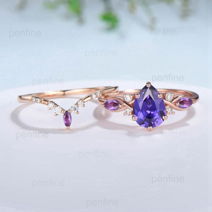 Elegant Pear Shaped Purple Sapphire Ring Set Vintage Unique Infinity Purple Crystal Engagement Ring Marquise Amethyst Wedding Proposal Gift - PENFINE