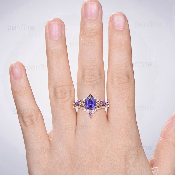 Elegant Pear Shaped Purple Sapphire Ring Set Vintage Unique Infinity Purple Crystal Engagement Ring Marquise Amethyst Wedding Proposal Gift - PENFINE