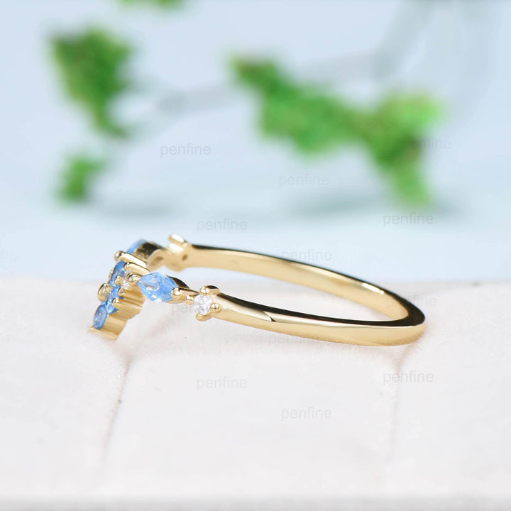 Art Deco Swiss Blue Topaz Wedding Band 14K Yellow Gold Half Eternity VintageTopaz Stacking Band Anniversary Ring Matching Band Promise Ring - PENFINE