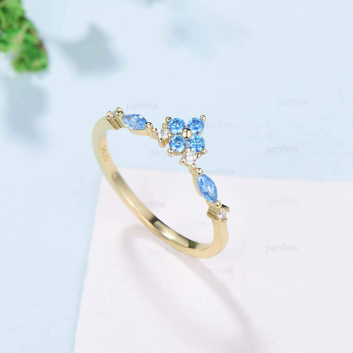 Art Deco Swiss Blue Topaz Wedding Band 14K Yellow Gold Half Eternity VintageTopaz Stacking Band Anniversary Ring Matching Band Promise Ring - PENFINE