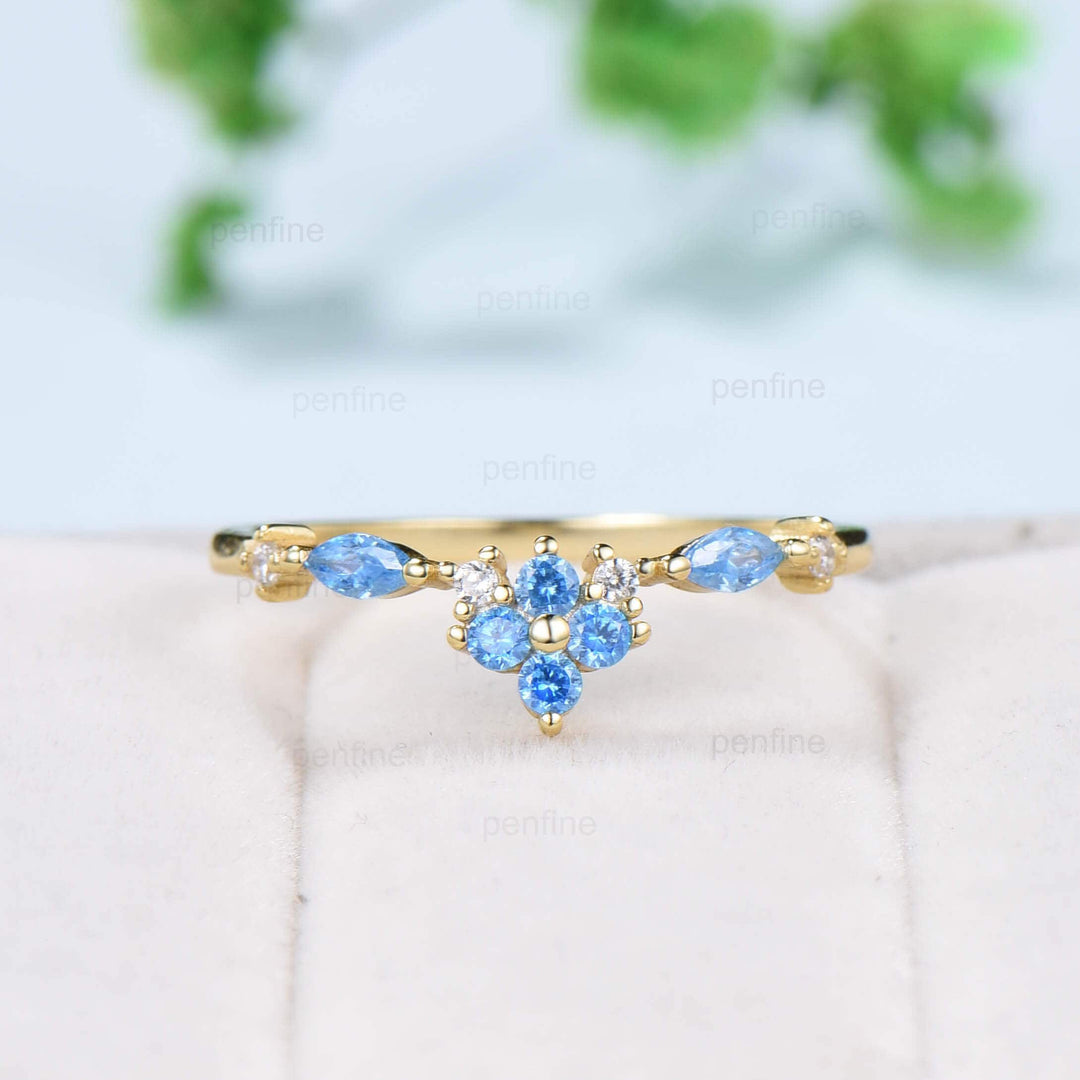 Art Deco Swiss Blue Topaz Wedding Band 14K Yellow Gold Half Eternity VintageTopaz Stacking Band Anniversary Ring Matching Band Promise Ring - PENFINE