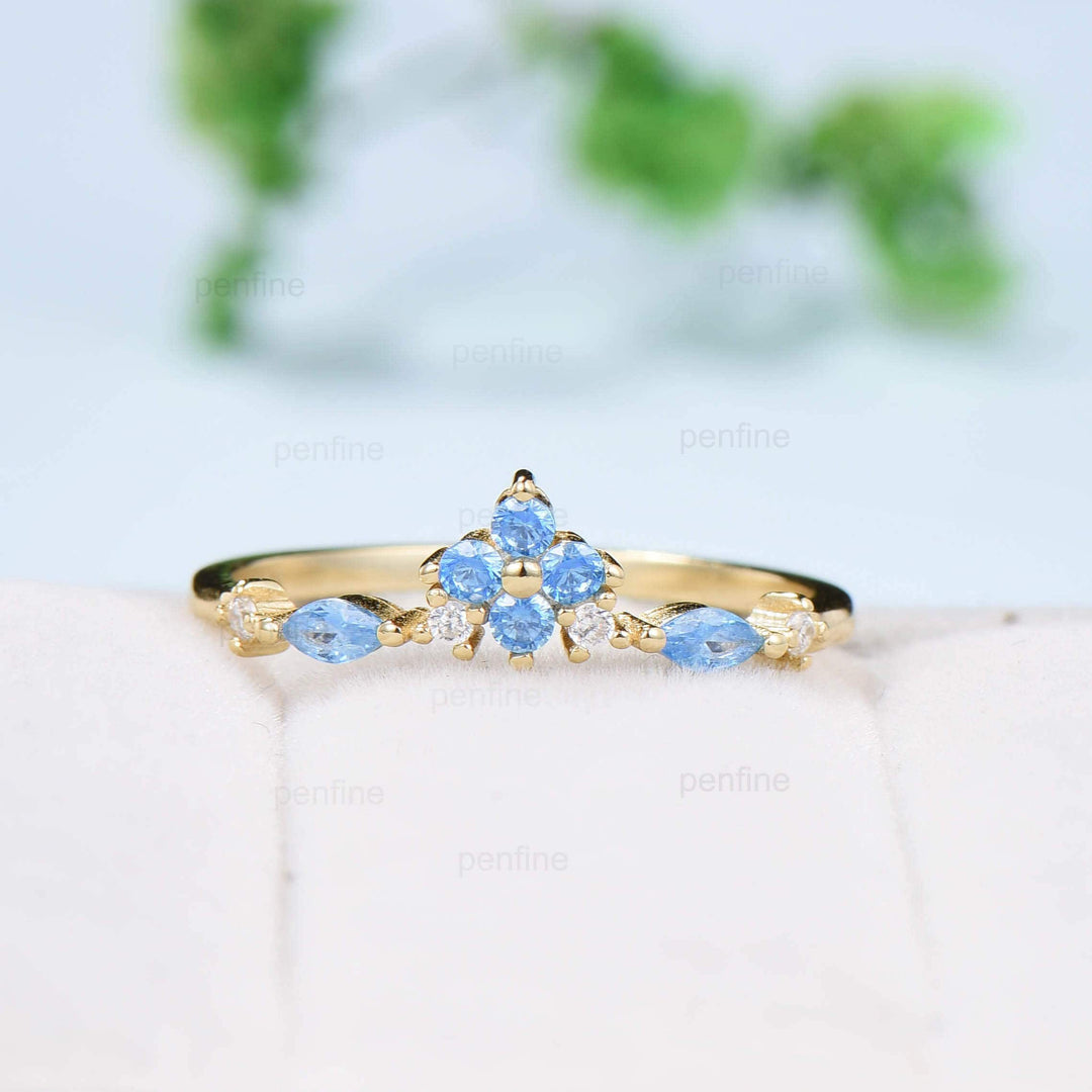 Art Deco Swiss Blue Topaz Wedding Band 14K Yellow Gold Half Eternity VintageTopaz Stacking Band Anniversary Ring Matching Band Promise Ring - PENFINE