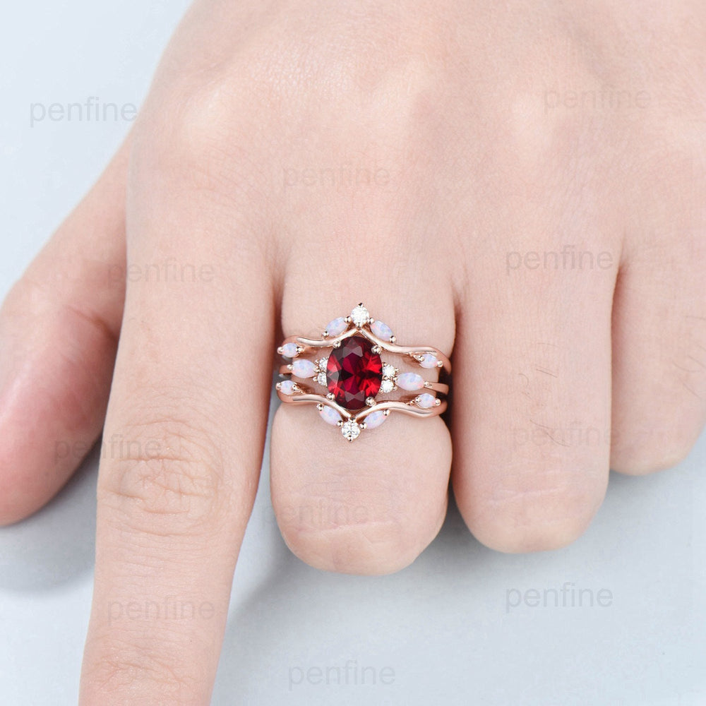 Retro Oval Ruby Engagement Ring Set Vintage Marquise White Opal Wedding Ring Double Curved Lab Ruby Moissanite Stacking Bridal Set for Women - PENFINE