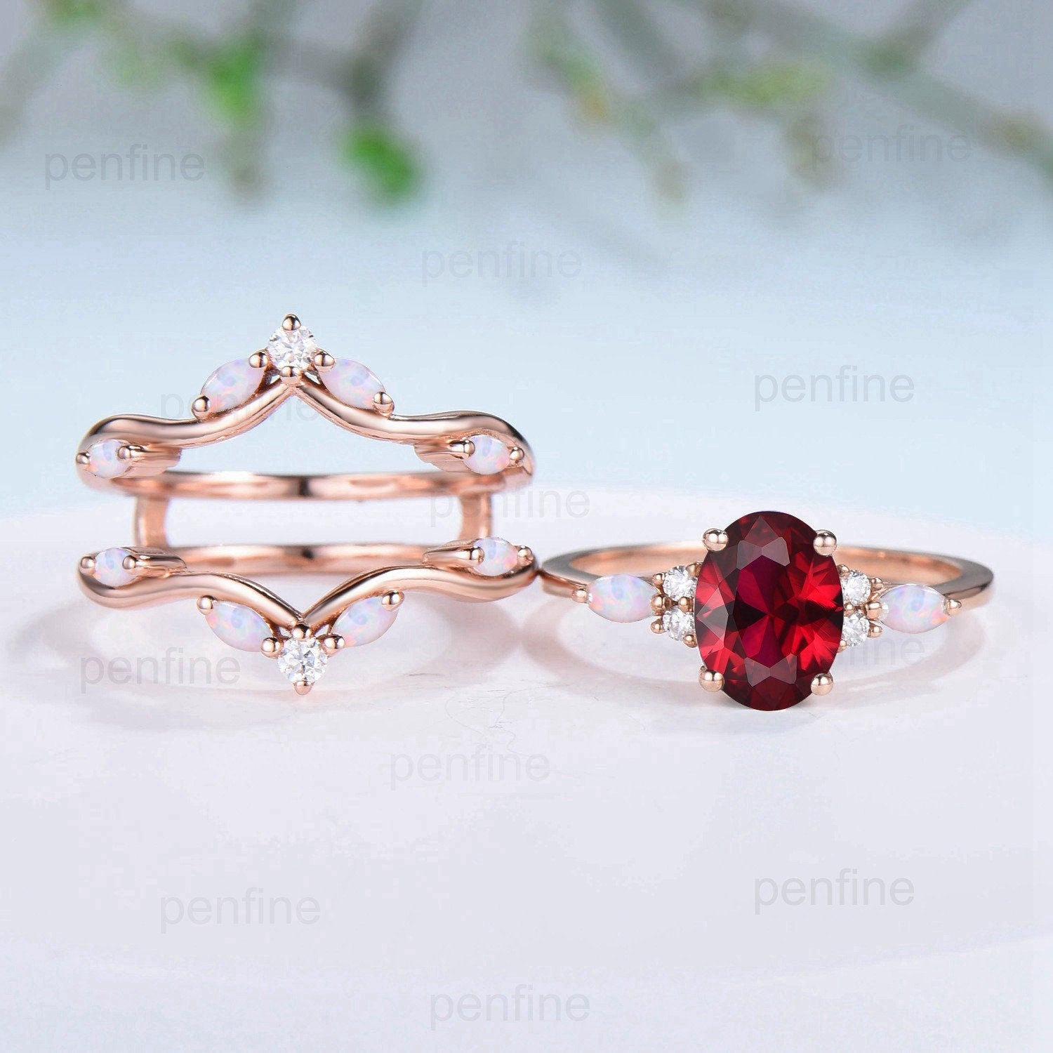 Retro Oval Ruby Engagement Ring Set Vintage Marquise White Opal Wedding Ring Double Curved Lab Ruby Moissanite Stacking Bridal Set for Women - PENFINE